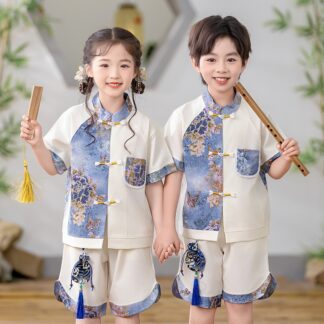 Boys Chinese Tang Student Clothing Print Blue Flower Top for Girls Support Customize Embroidery Logo Name