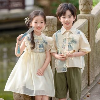 Chinese Style Boy Girl's Dress Short Sleeve Prince & Princess Dress Customize Kids Team Logo On The Modern Hanfu