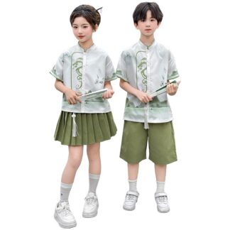 Boys' Chinese Style Set Summer Short Sleeved Capri Pants Landscape Painting Kids hanfu customize name For Children